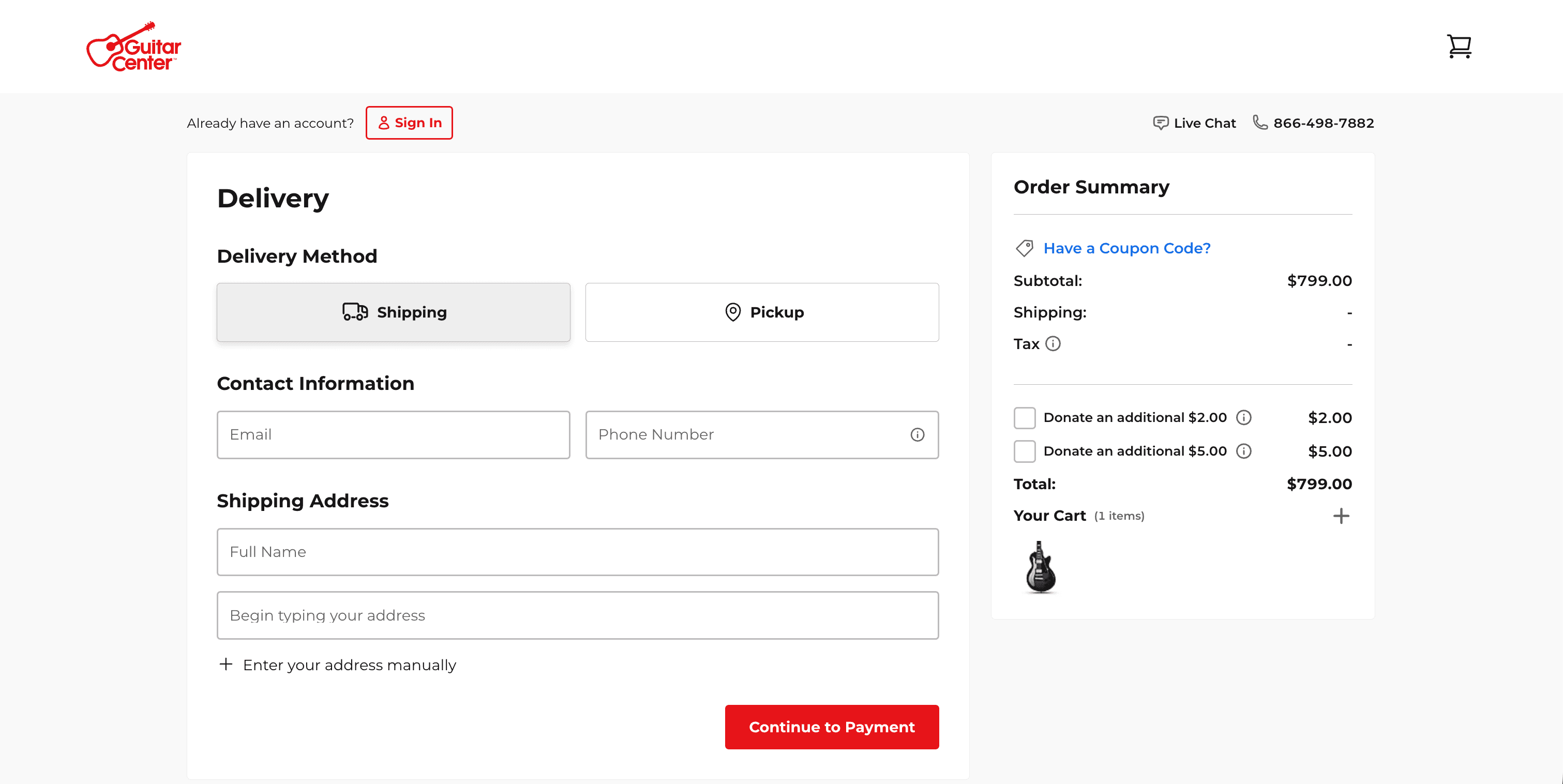 Redesigned Guitar Center checkout showing a clearer delivery step with improved hierarchy and scanability.