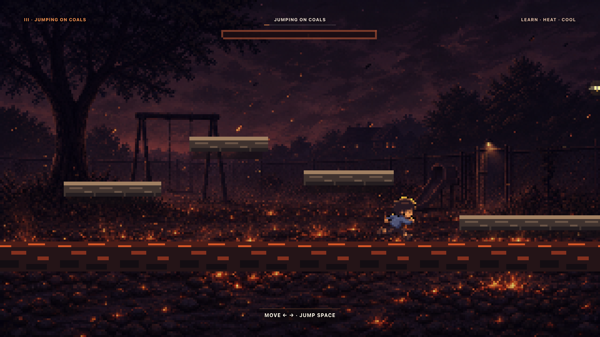 The player running and jumping over glowing coals while the Heat and Flow system tracks momentum.
