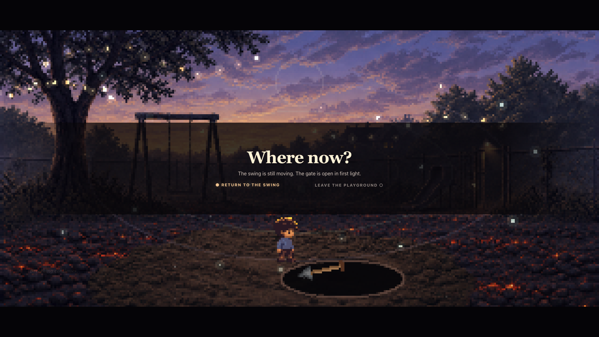 The game's final choice asking whether to return to the swing or leave the playground.