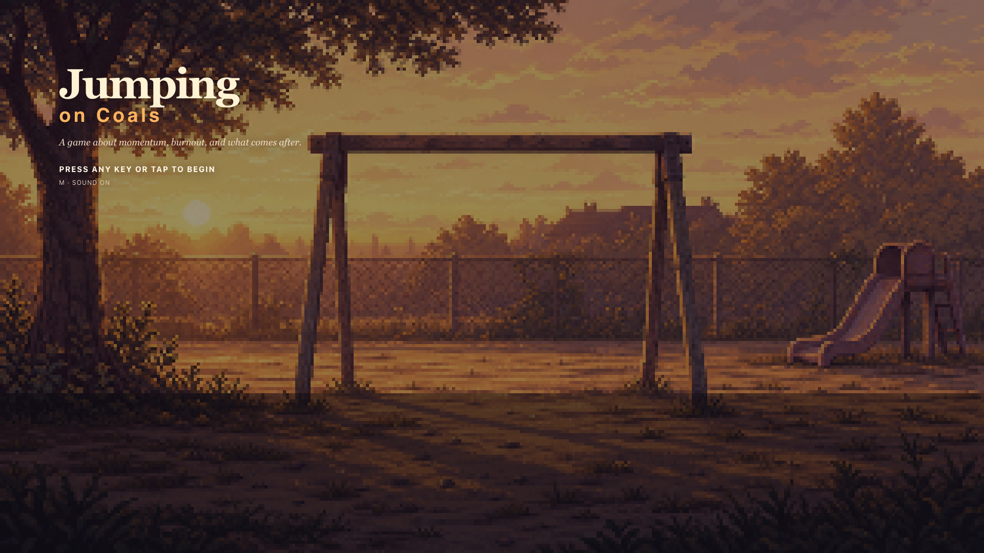 Jumping on Coals title screen at a pixel-art playground at sunset.