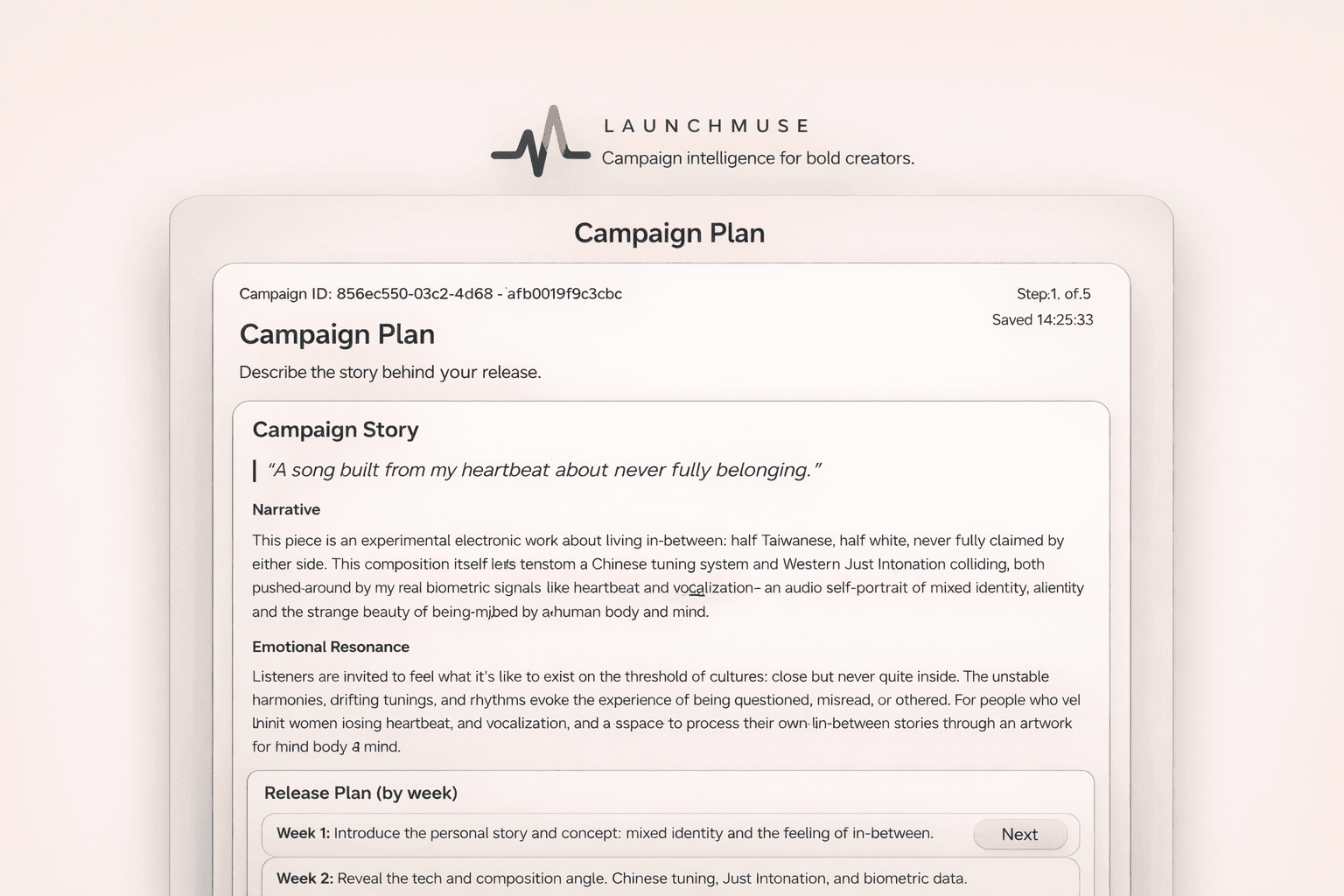 LaunchMuse campaign plan screen showing a detailed release story and weekly plan.