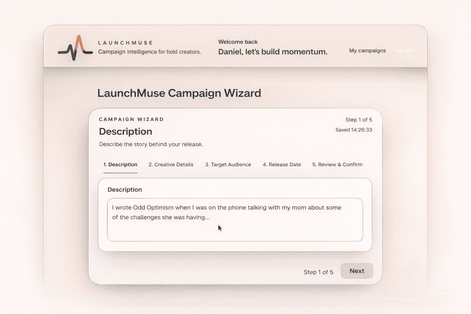 LaunchMuse campaign wizard screenshot showing the product's release planning flow.