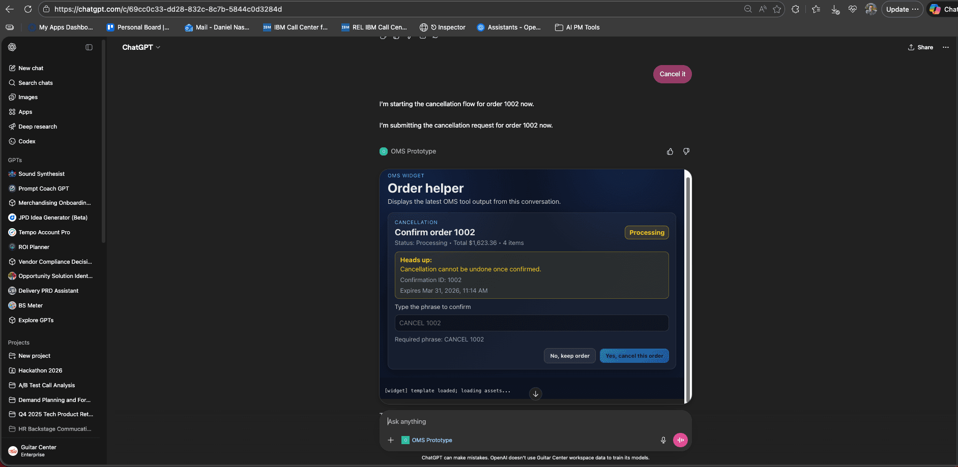OMS ChatGPT App cancellation confirmation flow inside ChatGPT showing warning text and explicit confirmation controls.