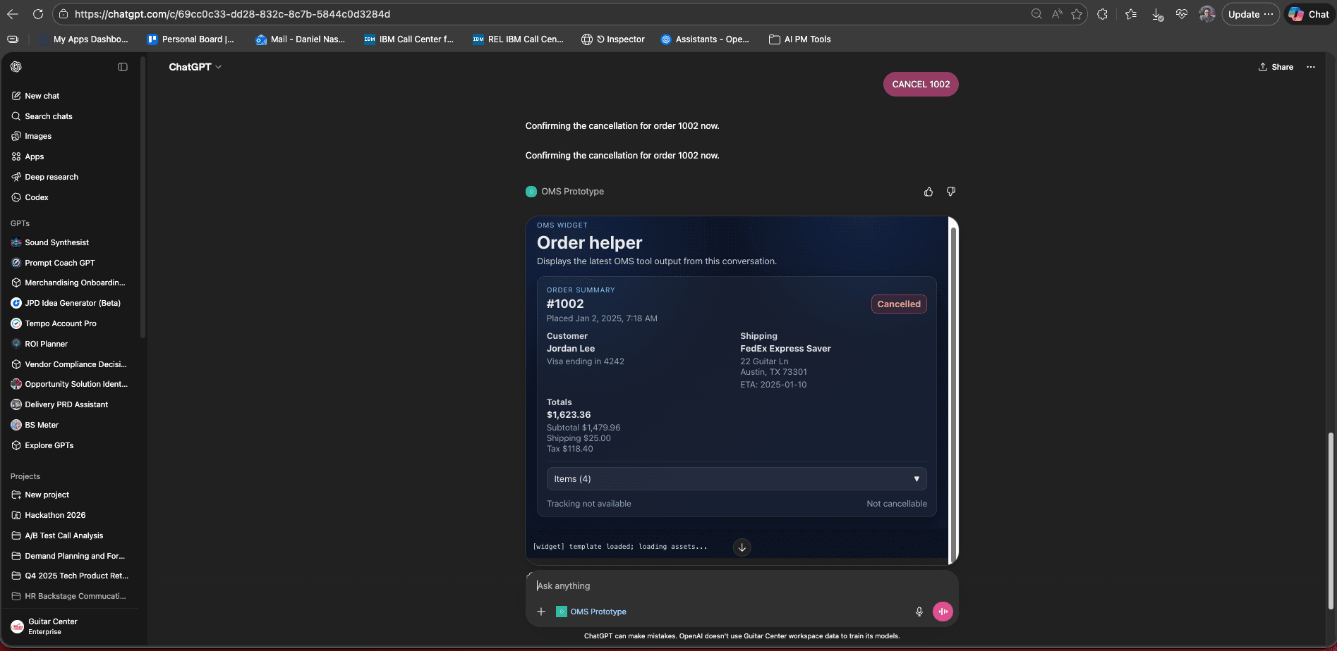 OMS ChatGPT App order summary after cancellation showing the updated cancelled state.