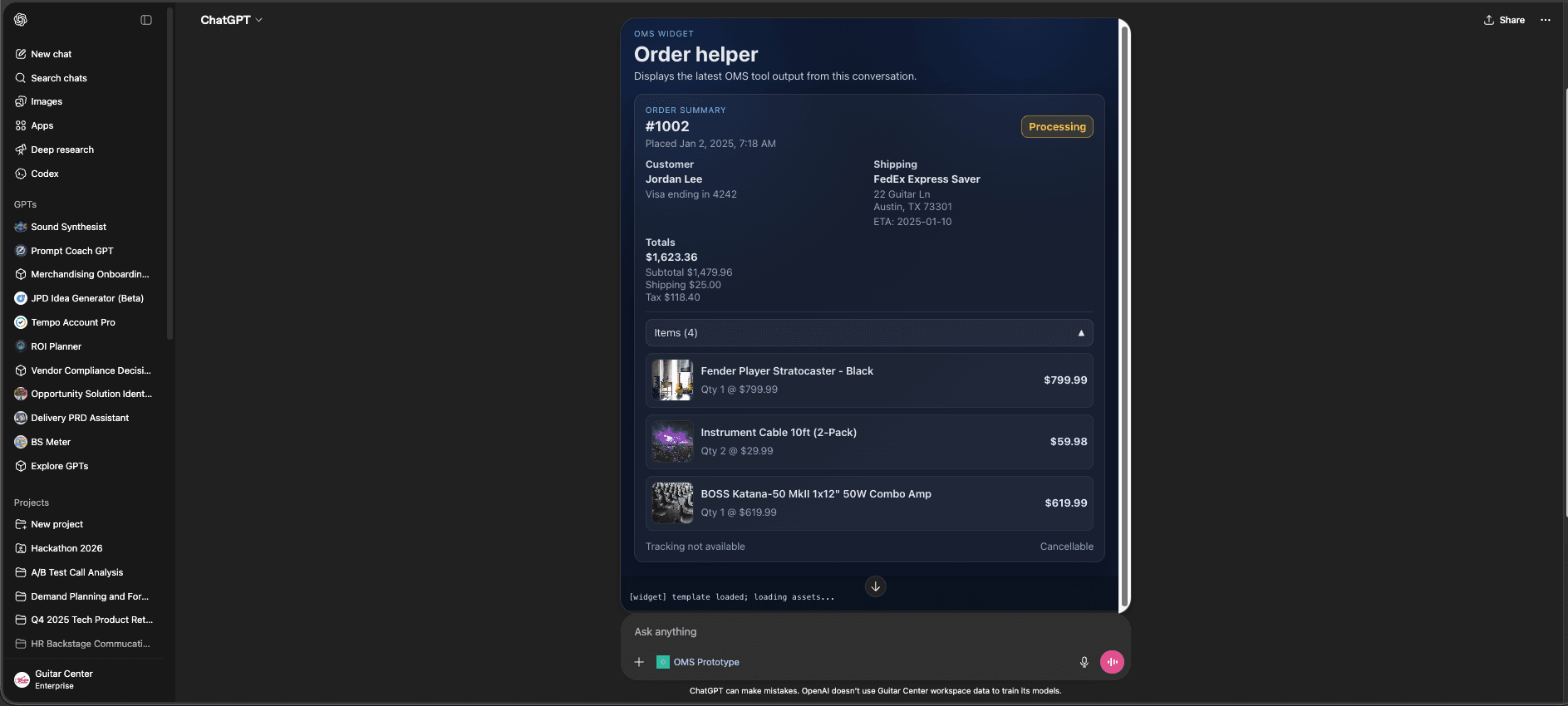 OMS ChatGPT App order summary view inside ChatGPT showing order details and expanded line items.