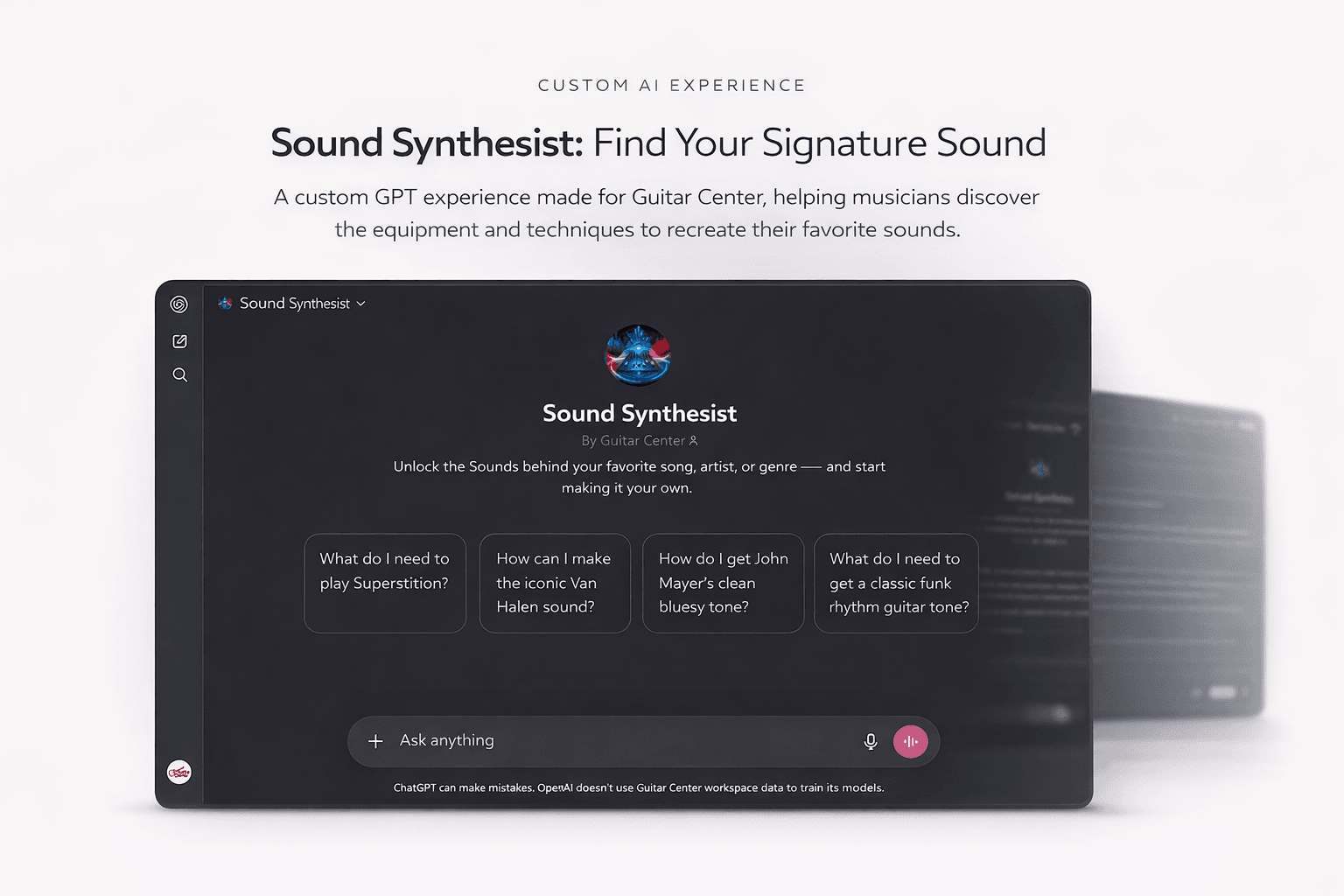 Product visual for the Sound Synthesist custom GPT experience for Guitar Center customers.