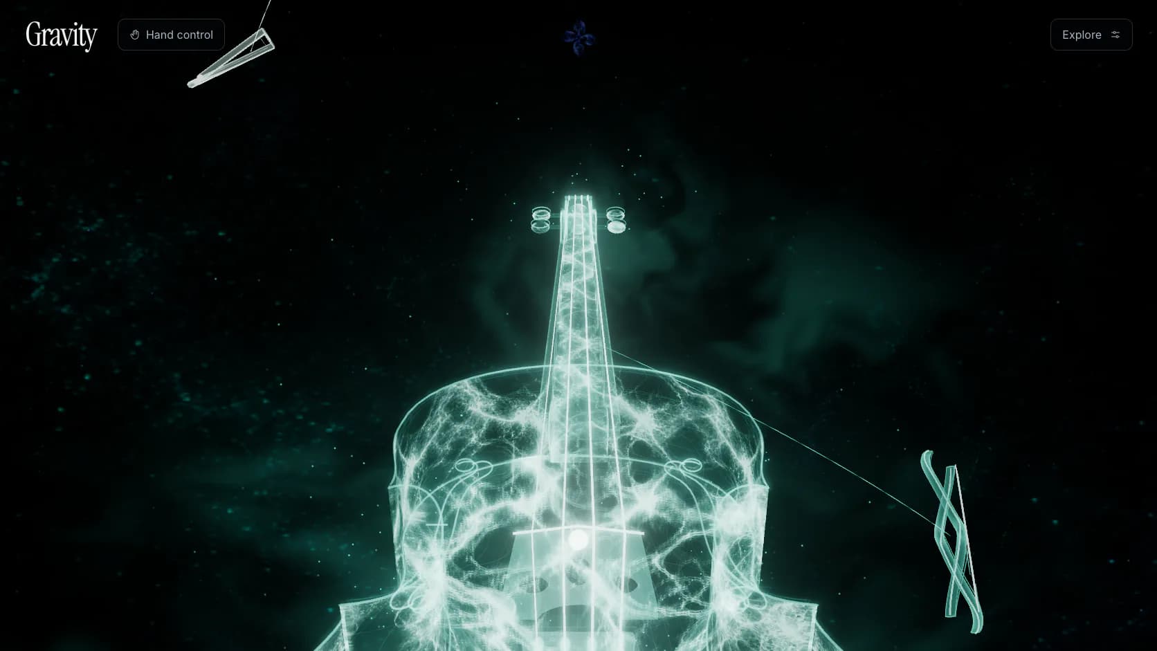 Gravity viewed from close beside and below the spectral cello, with other instruments suspended in the surrounding Atomic field.