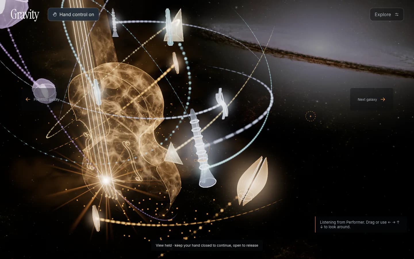 A close Gravity view following a clarinet performer as sculptural instruments orbit the cello in Celestial space.